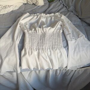 White Off-Shoulder Smocked Waist Bell Sleeve Top
